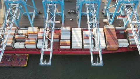Timelapse Aerial View of Cargo Containers being Removed from Ship Stock Footage 163780404