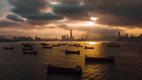 Timelapse Aerial View of cargo ships along Hong Kong harbour, China. Stock Footage 242316787
