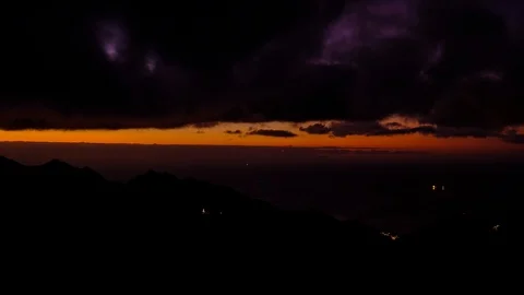 Timelapse aerial view of dramatic sunrise clouds running over mountains in An Stock Footage 120791915