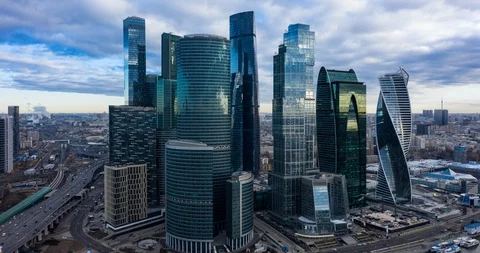 Timelapse aerial view of Moscow City business center skyscrapers. Stock Footage