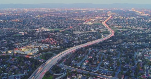 Timelapse Aerial view over freeway in Silicon Valley Cupertino Stock-Footage 73152615
