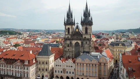 Timelapse of aerial view over Old Town Square with Tyn Cathedral Church Stock Footage 77191490