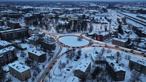 Timelapse Aerial of Winter Roundabout at Sunset with Car Lights Stock Footage 332106940