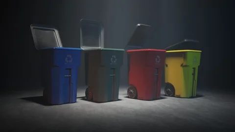 Timelapse with all kind of garbage approaching to colorful, plastic trash bins. Stock Footage 110070585