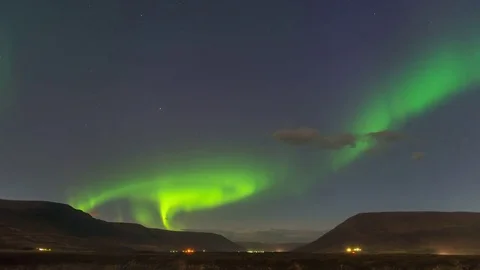 Timelapse of amazing Northern Lights at Gódafoss waterfall at night Stock Footage 83694553