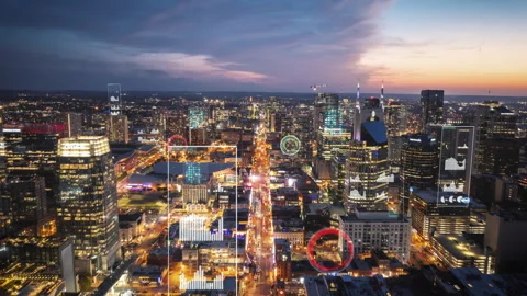 Timelapse of American cityscape with data visualizations overlay, showcasing Stock Footage 276106127