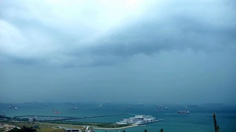 Timelapse and cloudscape view of Singapore Port. Rain, Storm, Harbor Stock Footage 89119557