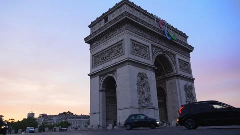 Timelapse of the Arc de Triomphe in Paris with the emblem of the Paralympic Stock Footage 282207030
