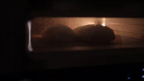 Timelapse of artisan bread baking in home oven, dough rising and crust forming Stock Footage 331216734