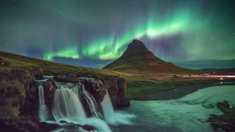 Timelapse Aurora Kirkujfellsfoss Pan Left Stock Footage 105897372