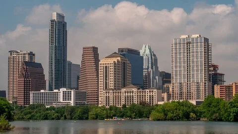 Timelapse of the Austin Texas Skyline and Lady Bird Lake on a foggy morning Stock Footage 106910814