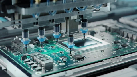 Timelapse. Automatic Pick and Place machine installs Components on Circuit Board Stock Footage 241491862
