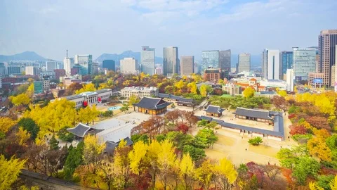 Timelapse Autumn of Deoksugung royal palace in Seoul,South Korea.Zoom out Stock Footage