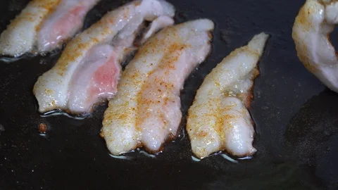 Timelapse bacon. Bacon close-up fried in a frying pan Stock Footage 122027229