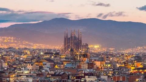 Timelapse barcelona city skyline and sagrada familia at twilight , Spain Stock Footage
