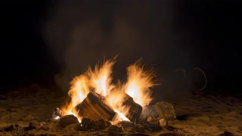 Timelapse - Beach Campfire at Night with Blue Flames Stock Footage 182588902
