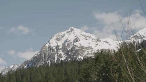 Timelapse Beautiful mountain landscape with snow covered peaks, a green pine 스톡 동영상 334655875