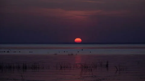 Timelapse of beautiful sunset with huge sun over the lake Vídeos de archivo 144789761