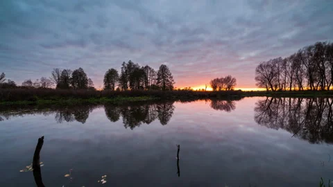 Timelapse of a beautiful sunset on the lake. Reflection of clouds in water. Stock Footage 196422869