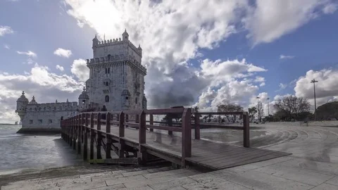 Timelapse of the Belem tower of Lisbon with the tourists, Portugal 스톡 동영상 78518445