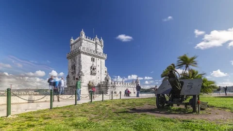 Timelapse of the Belem tower of Lisbon with the tourists, Portugal 스톡 동영상 78518490