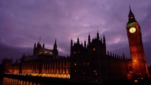 Timelapse Big Ben Pink Sky Sunset Lights on Stock Footage 84337821