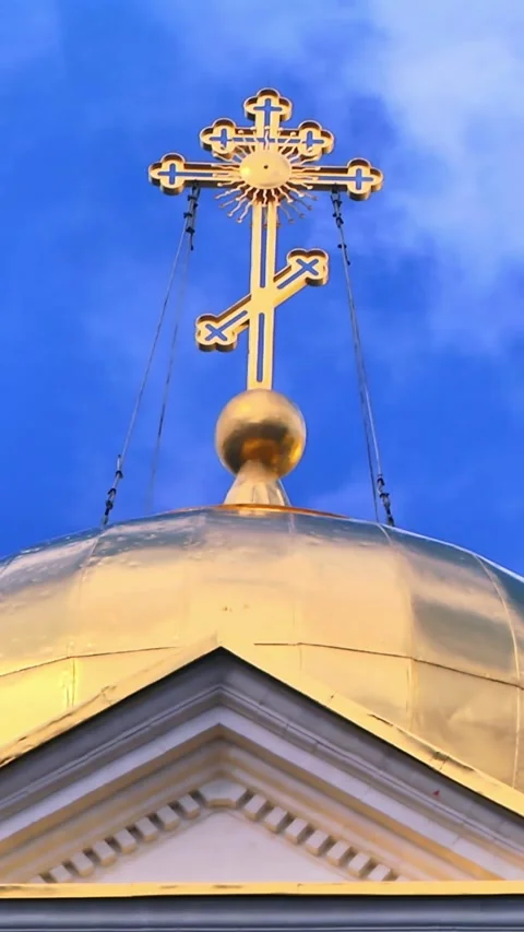 Timelapse of a big cross standing against the sunny blue sky and flying clouds Stock Footage 249247359