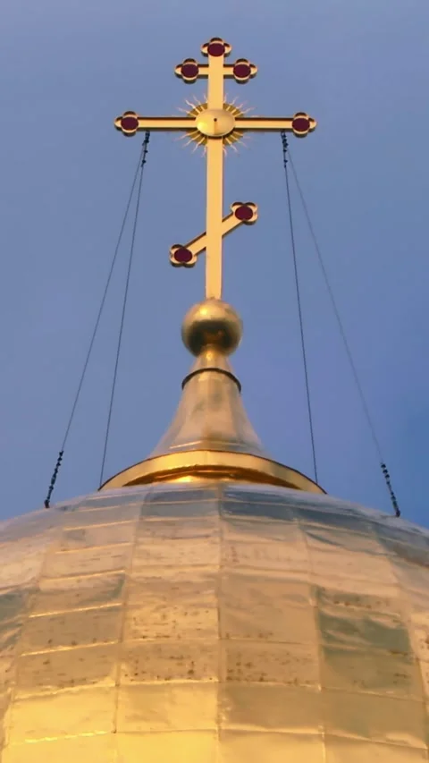 Timelapse of a big cross standing against the sunny blue sky and flying clouds Stock Footage 249247529