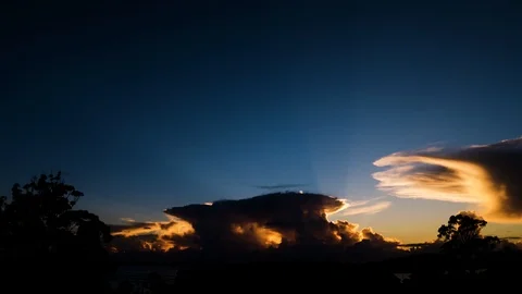 Timelapse of big dark storm clouds on the horizon sunrise over a lake Video stock 122438958