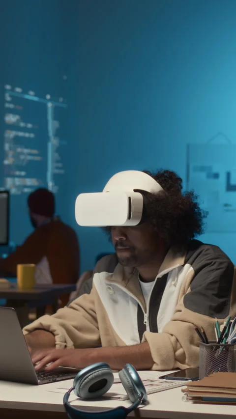 Timelapse of Black IT Guy Testing Virtual Reality Simulator at Work Stock Footage 279959930