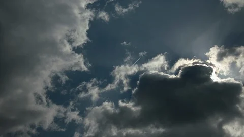 Timelapse - Blue Sky and white clouds - Plane passes by | Color Corrected Stock Footage