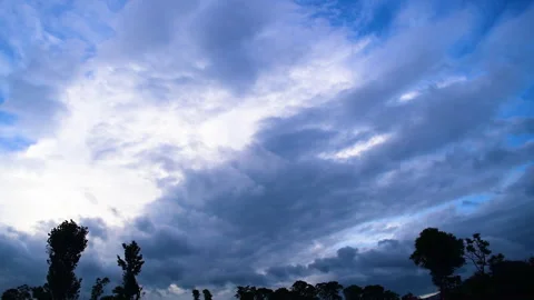 Timelapse of Blue sky with white and dark clouds and trees Stock Footage 248734112