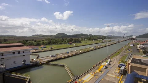 Timelapse of boats crossing the Mira Flores locks in the Panama Canal Stock Footage