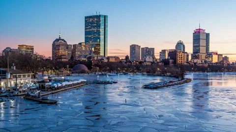 Timelapse of Boston skyline during winter sunset from Longfellow bridge Stock Footage 302028151