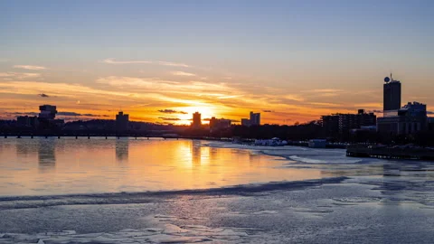 Timelapse of Boston skyline during winter sunset from Longfellow bridge Stock Footage 302028152