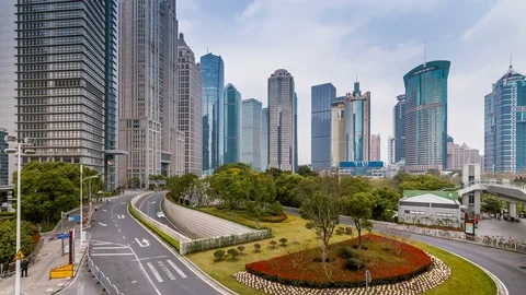 Timelapse of Bottom view of the Pudong New District of Shanghai, China. Stock Footage 74360706