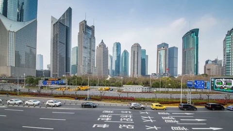 Timelapse of Bottom view of the Pudong New District of Shanghai, China. 動画素材 74360860