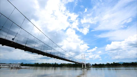 Timelapse of Bridge Over River With Moving Clouds in Blue Sky Stock Footage 327066613