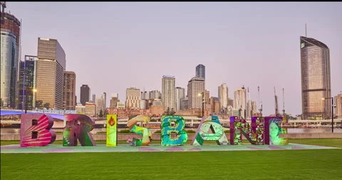 Timelapse of Brisbane Sign at sunset, dusk, Brisbane,QLD,Australia Stock Footage 140583553