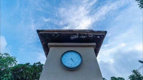 Timelapse of Broken Clock Tower Under Blue Sky Stock Footage 308649657