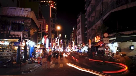 Timelapse, Bui Vien Street with Bitexco Tower Night time. Time-lapse Stock Footage 116011214