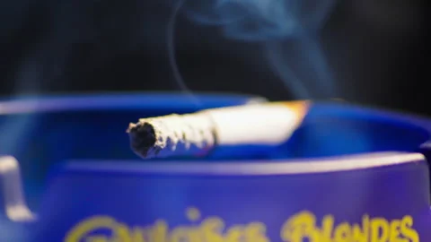 Timelapse of burning cigarette in ashtray with rack focus Stock Footage 250082111