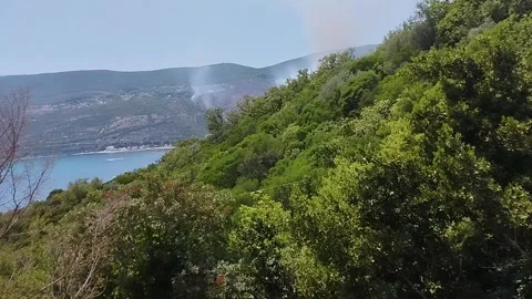 Timelapse, burning forest on a mountain on the opposite side of the bay Stock-Footage 200160405