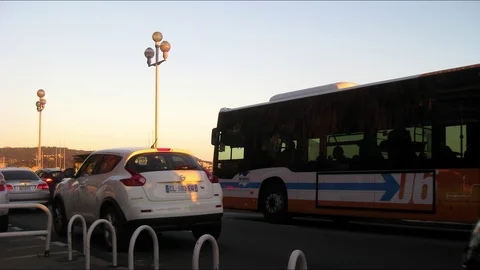 Timelapse of a bus stop at the seafront of Nice at sunset Stock Footage 108620692