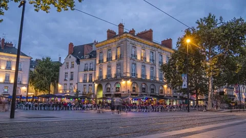 Timelapse of the Bustling Place Du Douffray at Night Time, Nantes Stock Footage 207384825
