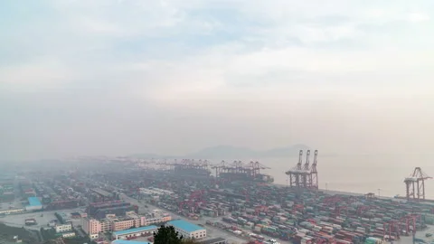 Timelapse of busy container port Stock Footage 105887924