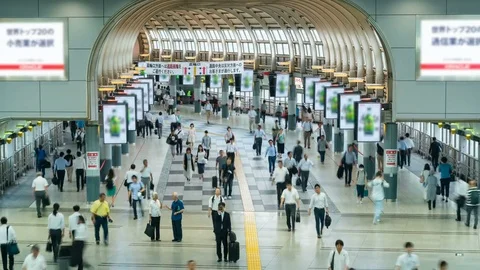 Timelapse of Busy Station at Rush Hour in Tokyo -Zoom In- Stock Footage