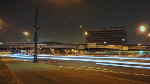 Timelapse of busy street in Moscow at the night. Pan and zoom out. Stock Footage