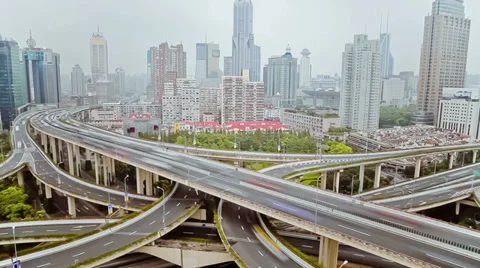 Timelapse of busy traffic over overpass in modern city , Shanghai, China Stock Footage 39692213