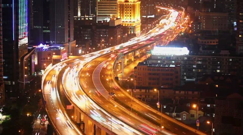 Timelapse of busy traffic over overpass in modern city , Shanghai, China Stock Footage 39753437